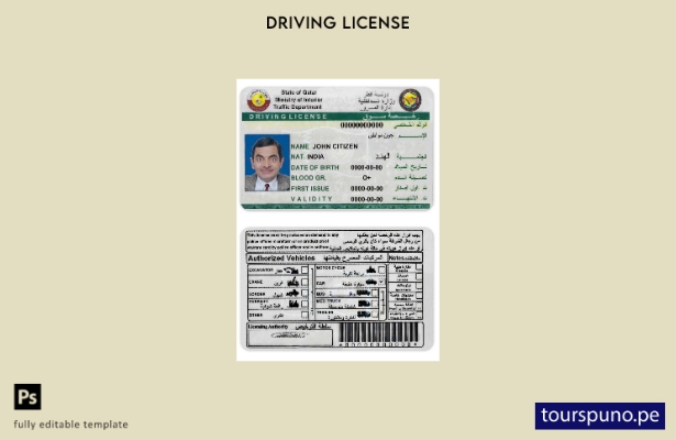 Plantilla de licencia de conducir de Qatar lista para imprimir